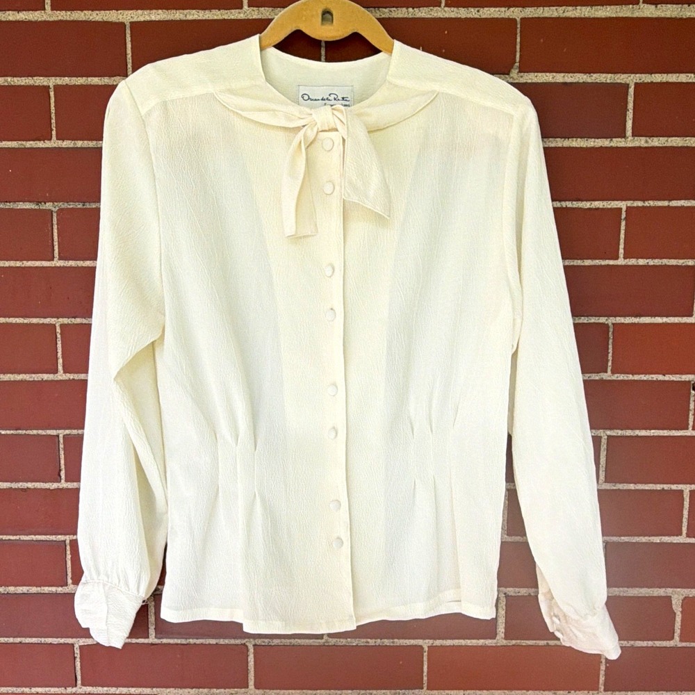 VTG Oscar de la Renta Women 6 Ivory Sissy Bow Blouse Edwardian Regency Royal REN